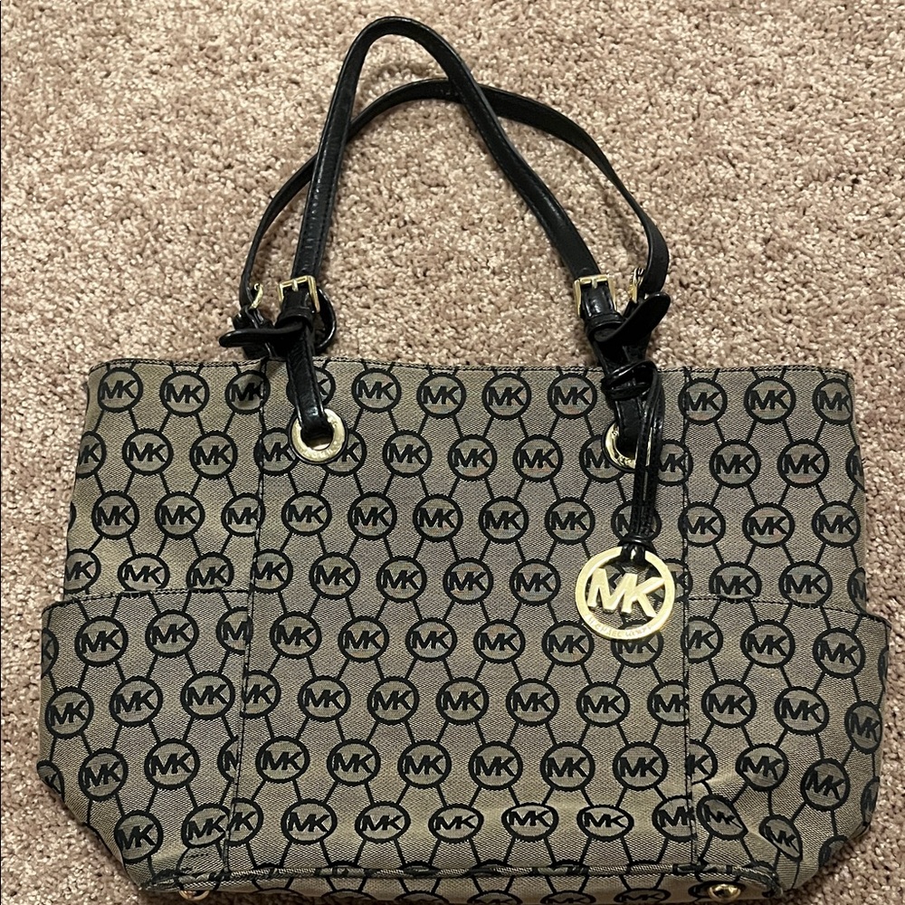 Michael Kors Tan and Black Signature MK Tote with Gold Charm